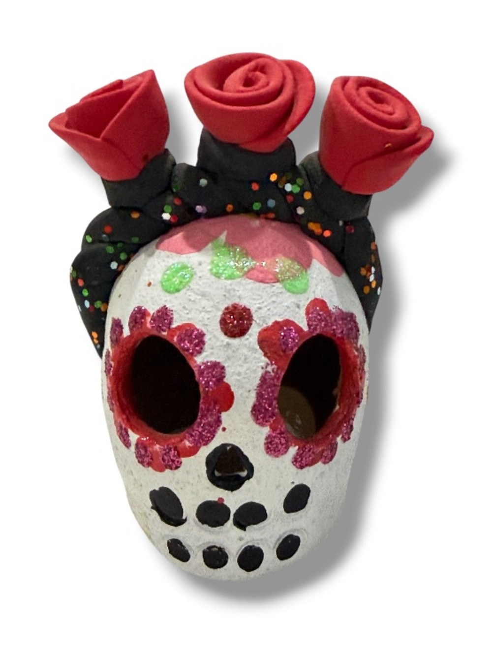 Handpainted Day of the Dead Sugar Skull with Red Rose Crown Mexico Decor